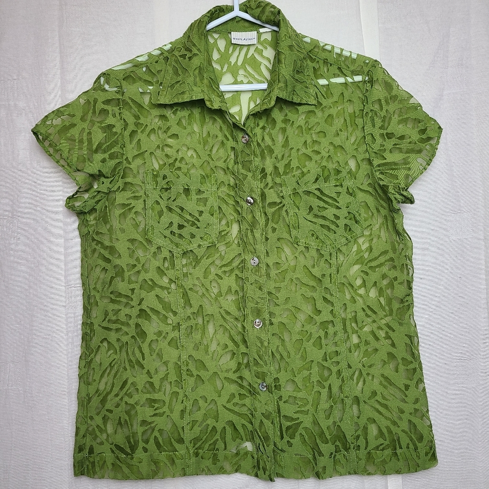 White Stag Women's Vintage Green Retro Sheer Jacquard Short Sleeves Blouse Top